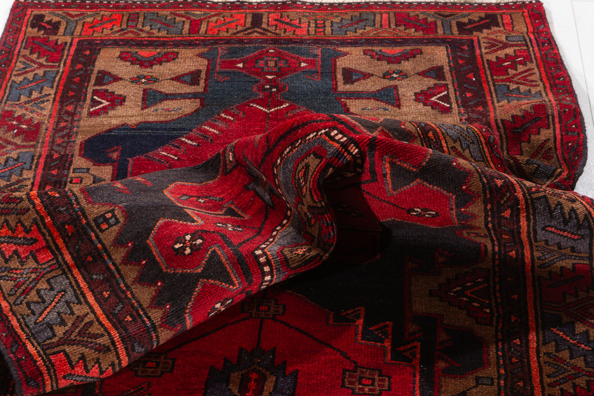 Vintage Red and Brown Bold Geometric Medallion Hand-Knotted Area Rug – 6' 9" x 3' 3" (207 x 100 cm)