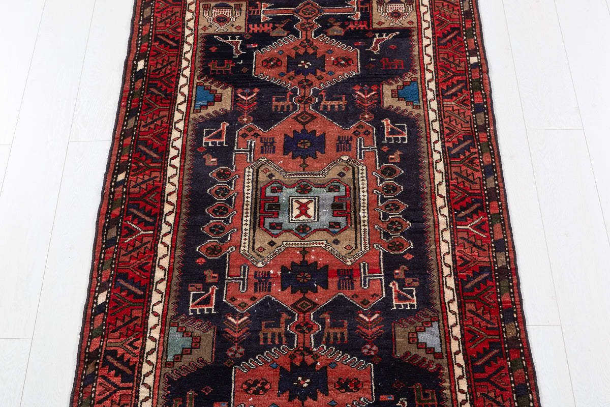 Vintage Rust Red and Deep Navy Blue Tribal Geometric Medallion Hand-Knotted Area Rug – 6' 2" x 3' 3" (188 x 98 cm)