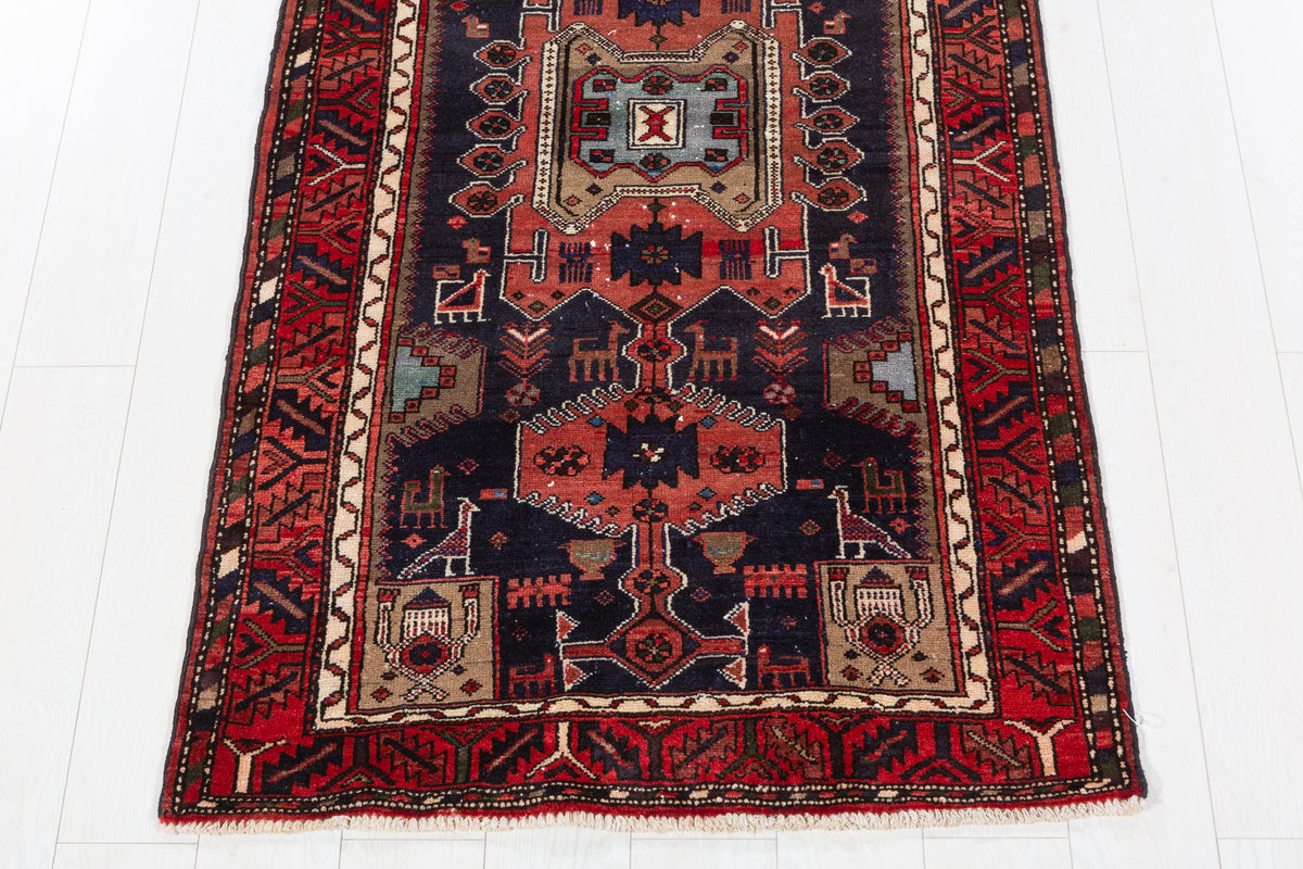 Vintage Rust Red and Deep Navy Blue Tribal Geometric Medallion Hand-Knotted Area Rug – 6' 2" x 3' 3" (188 x 98 cm)