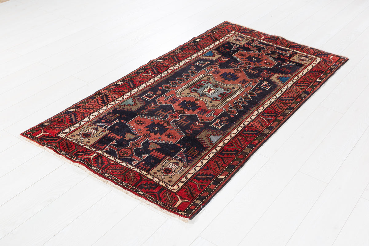 Vintage Rust Red and Deep Navy Blue Tribal Geometric Medallion Hand-Knotted Area Rug – 6' 2" x 3' 3" (188 x 98 cm)
