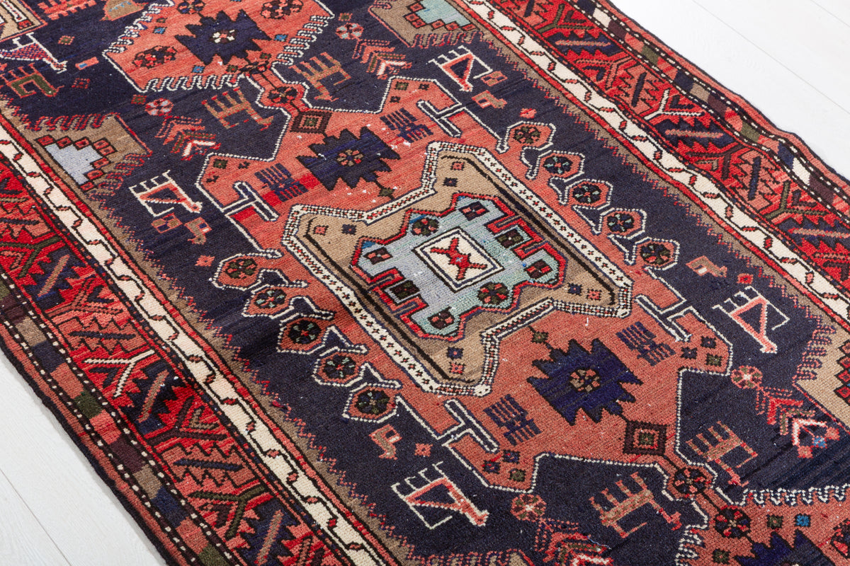Vintage Rust Red and Deep Navy Blue Tribal Geometric Medallion Hand-Knotted Area Rug – 6' 2" x 3' 3" (188 x 98 cm)
