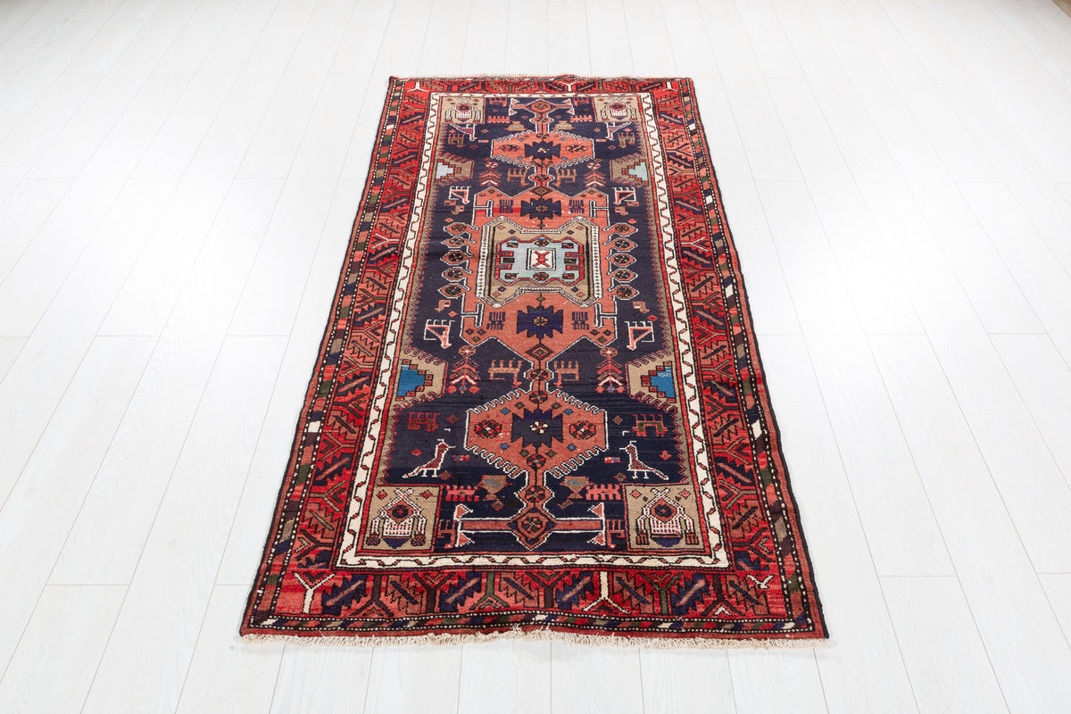 Vintage Rust Red and Deep Navy Blue Tribal Geometric Medallion Hand-Knotted Area Rug – 6' 2" x 3' 3" (188 x 98 cm)