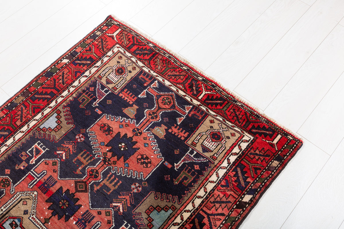 Vintage Rust Red and Deep Navy Blue Tribal Geometric Medallion Hand-Knotted Area Rug – 6' 2" x 3' 3" (188 x 98 cm)