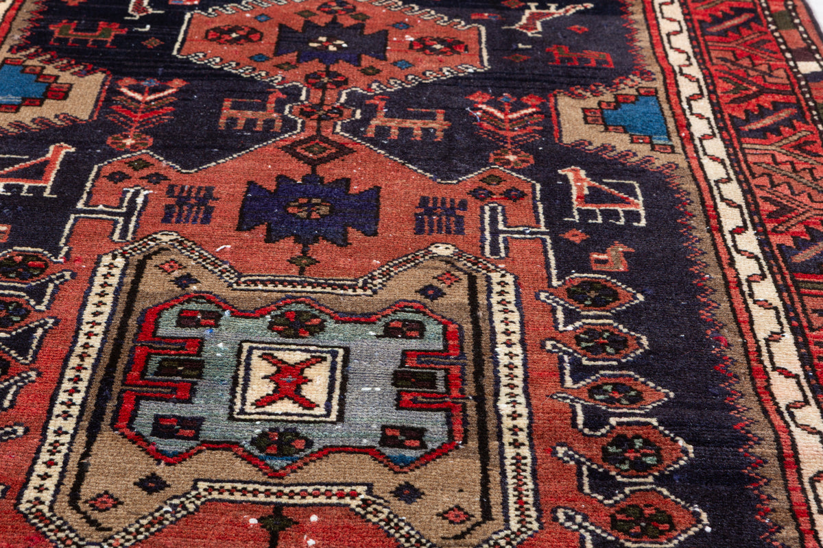 Vintage Rust Red and Deep Navy Blue Tribal Geometric Medallion Hand-Knotted Area Rug – 6' 2" x 3' 3" (188 x 98 cm)
