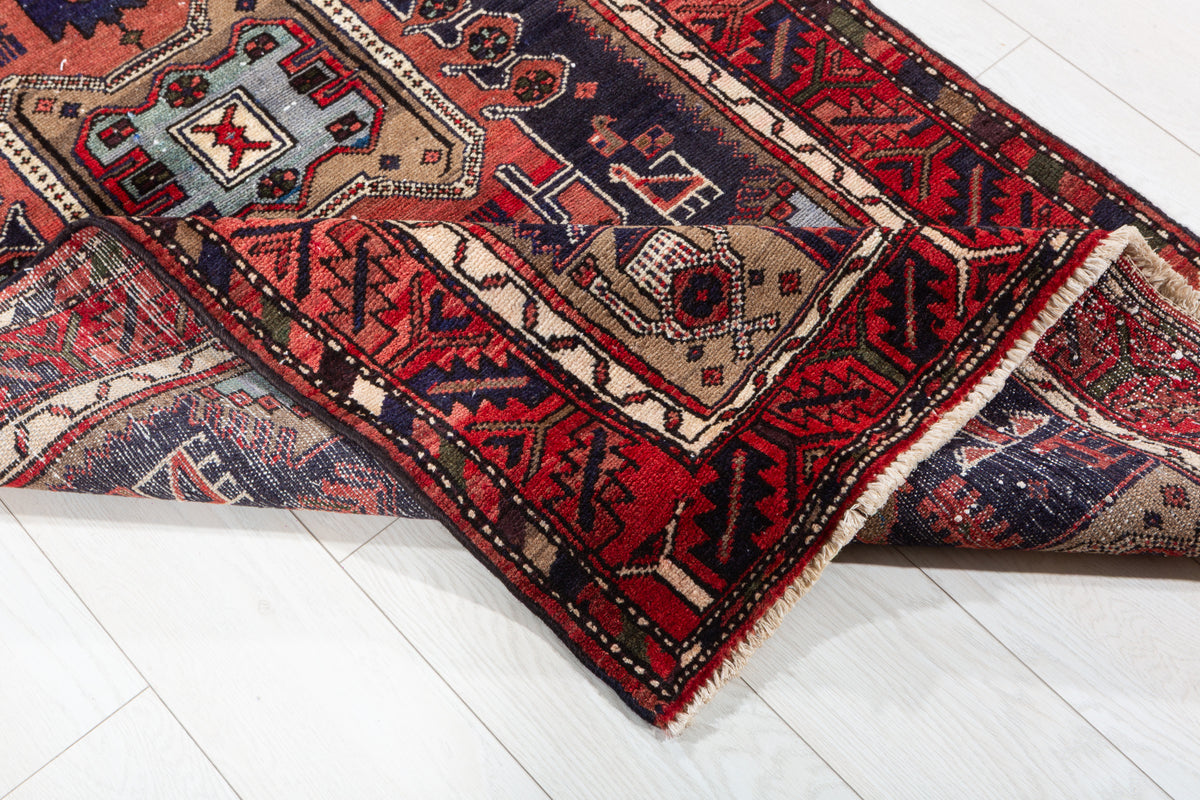 Vintage Rust Red and Deep Navy Blue Tribal Geometric Medallion Hand-Knotted Area Rug – 6' 2" x 3' 3" (188 x 98 cm)