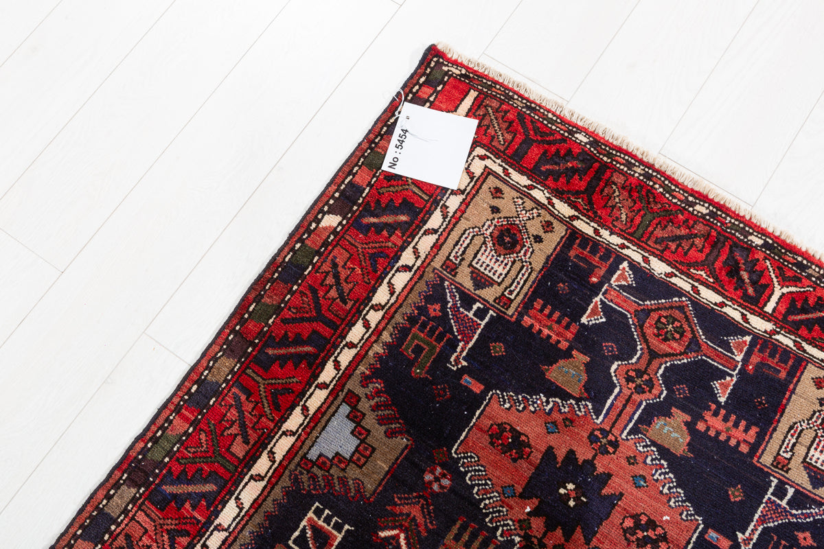 Vintage Rust Red and Deep Navy Blue Tribal Geometric Medallion Hand-Knotted Area Rug – 6' 2" x 3' 3" (188 x 98 cm)