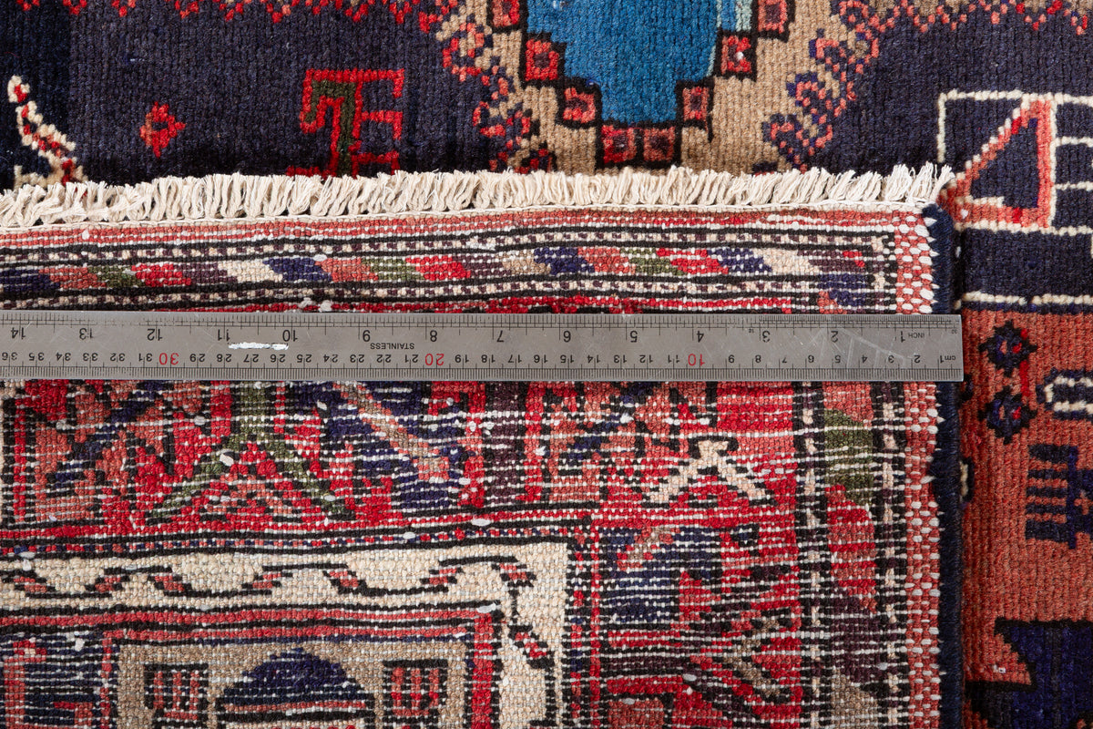 Vintage Rust Red and Deep Navy Blue Tribal Geometric Medallion Hand-Knotted Area Rug – 6' 2" x 3' 3" (188 x 98 cm)
