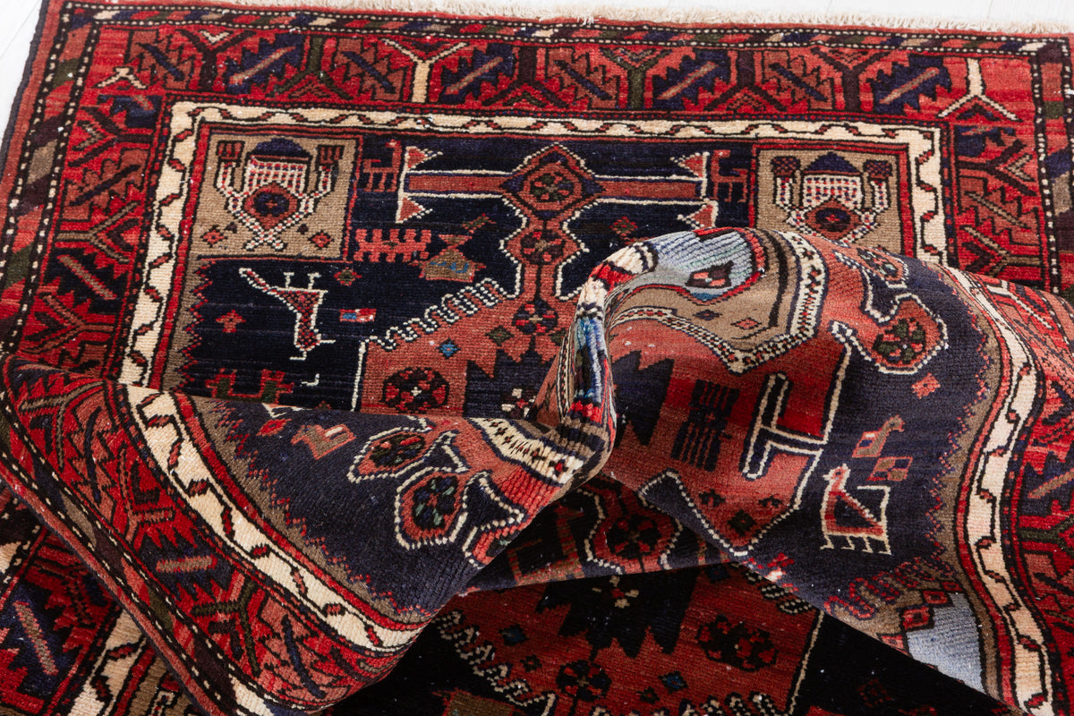 Vintage Rust Red and Deep Navy Blue Tribal Geometric Medallion Hand-Knotted Area Rug – 6' 2" x 3' 3" (188 x 98 cm)