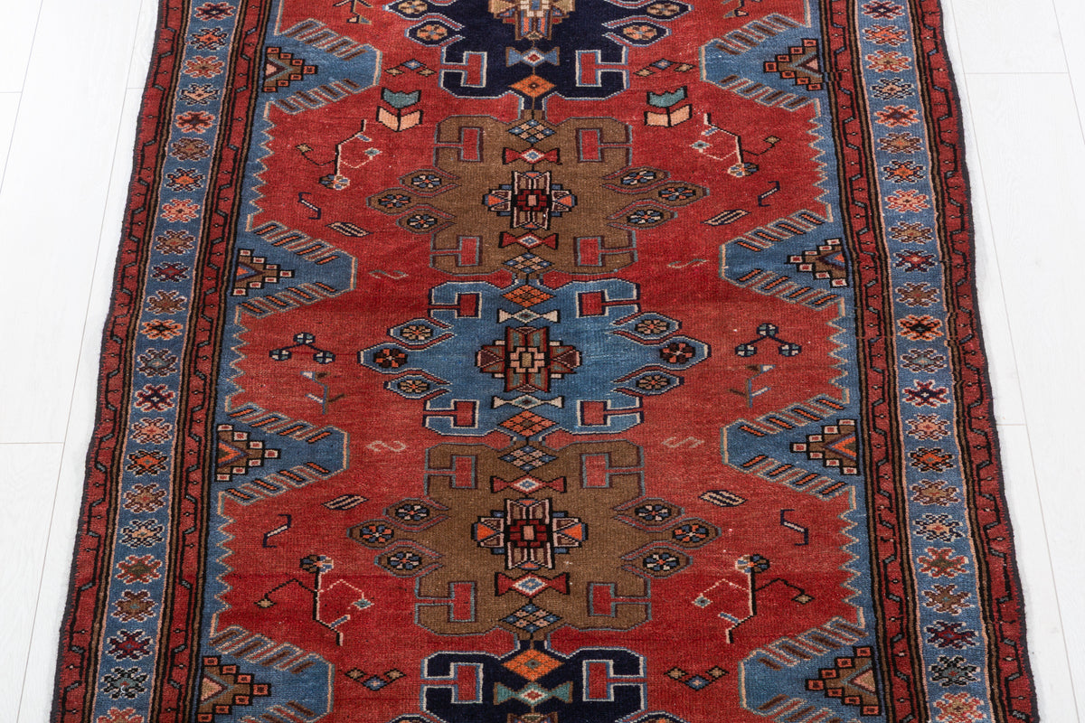 Vintage Red and Royal Blue Stepped Medallion Hand-Knotted Area Rug – 6' 9" x 3' 7" (205 x 110 cm)