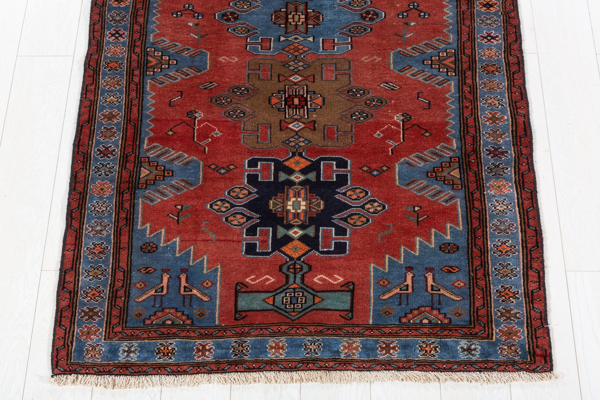 Vintage Red and Royal Blue Stepped Medallion Hand-Knotted Area Rug – 6' 9" x 3' 7" (205 x 110 cm)