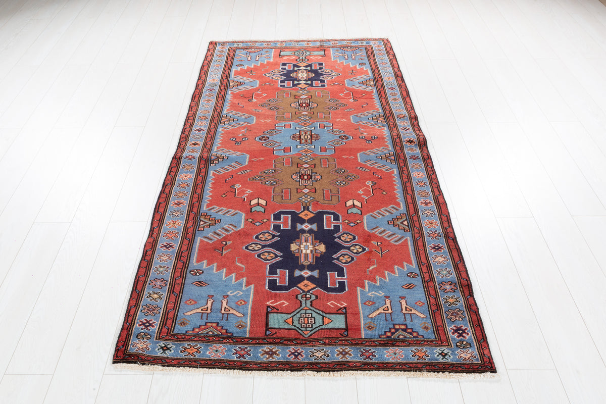 Vintage Red and Royal Blue Stepped Medallion Hand-Knotted Area Rug – 6' 9" x 3' 7" (205 x 110 cm)