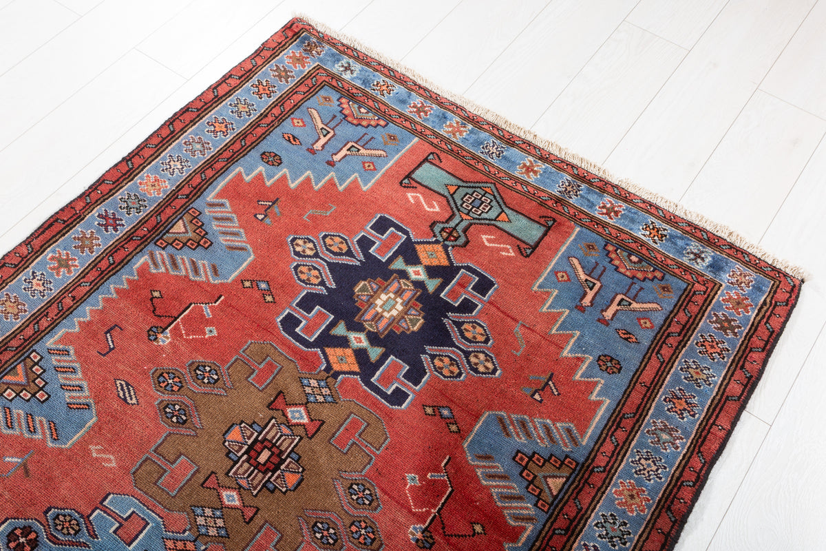 Vintage Red and Royal Blue Stepped Medallion Hand-Knotted Area Rug – 6' 9" x 3' 7" (205 x 110 cm)