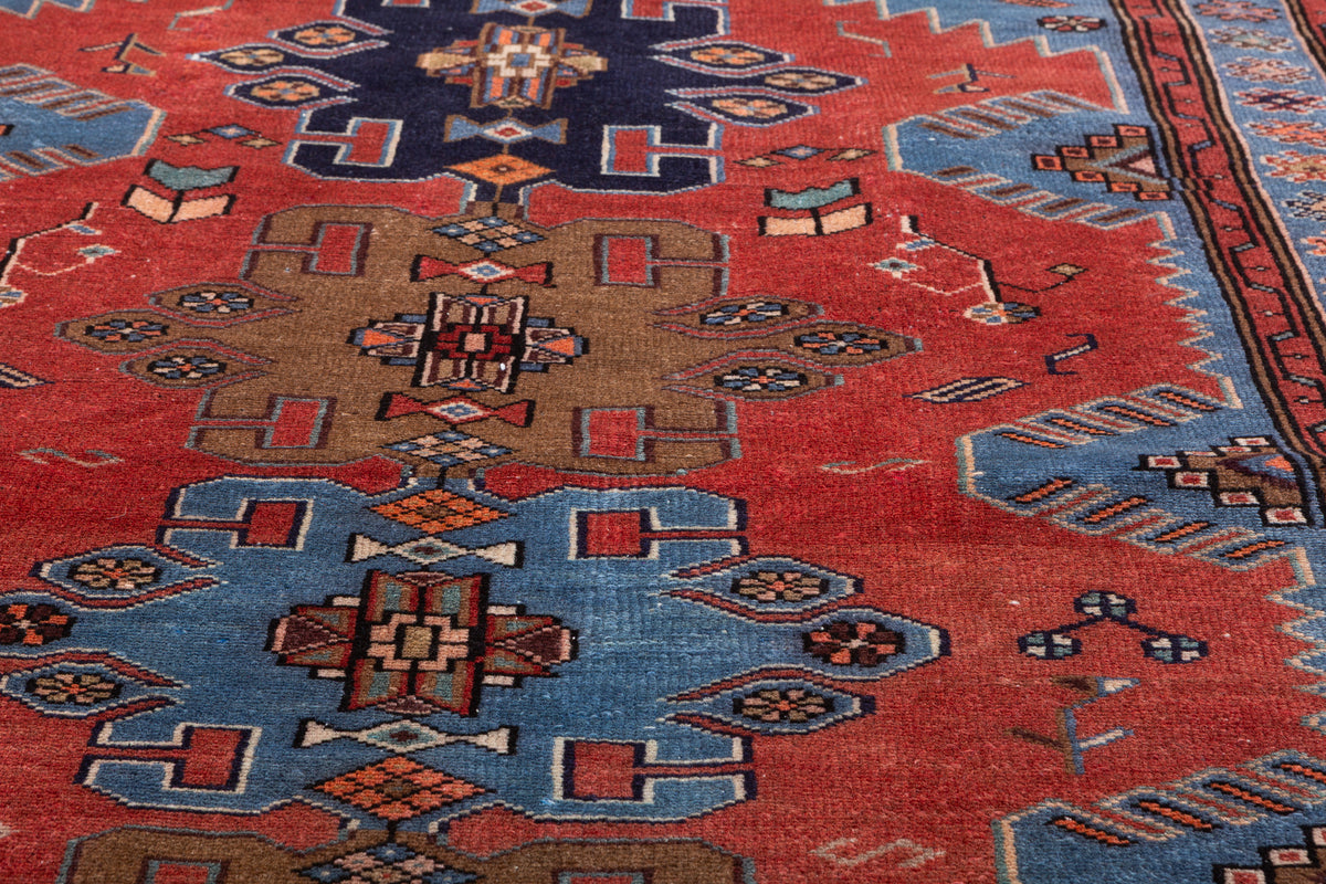 Vintage Red and Royal Blue Stepped Medallion Hand-Knotted Area Rug – 6' 9" x 3' 7" (205 x 110 cm)