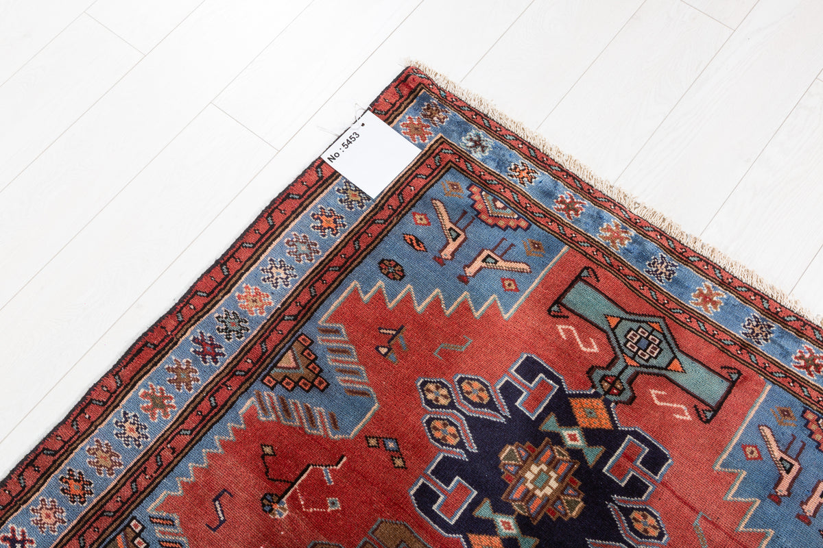 Vintage Red and Royal Blue Stepped Medallion Hand-Knotted Area Rug – 6' 9" x 3' 7" (205 x 110 cm)