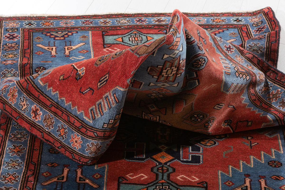Vintage Red and Royal Blue Stepped Medallion Hand-Knotted Area Rug – 6' 9" x 3' 7" (205 x 110 cm)
