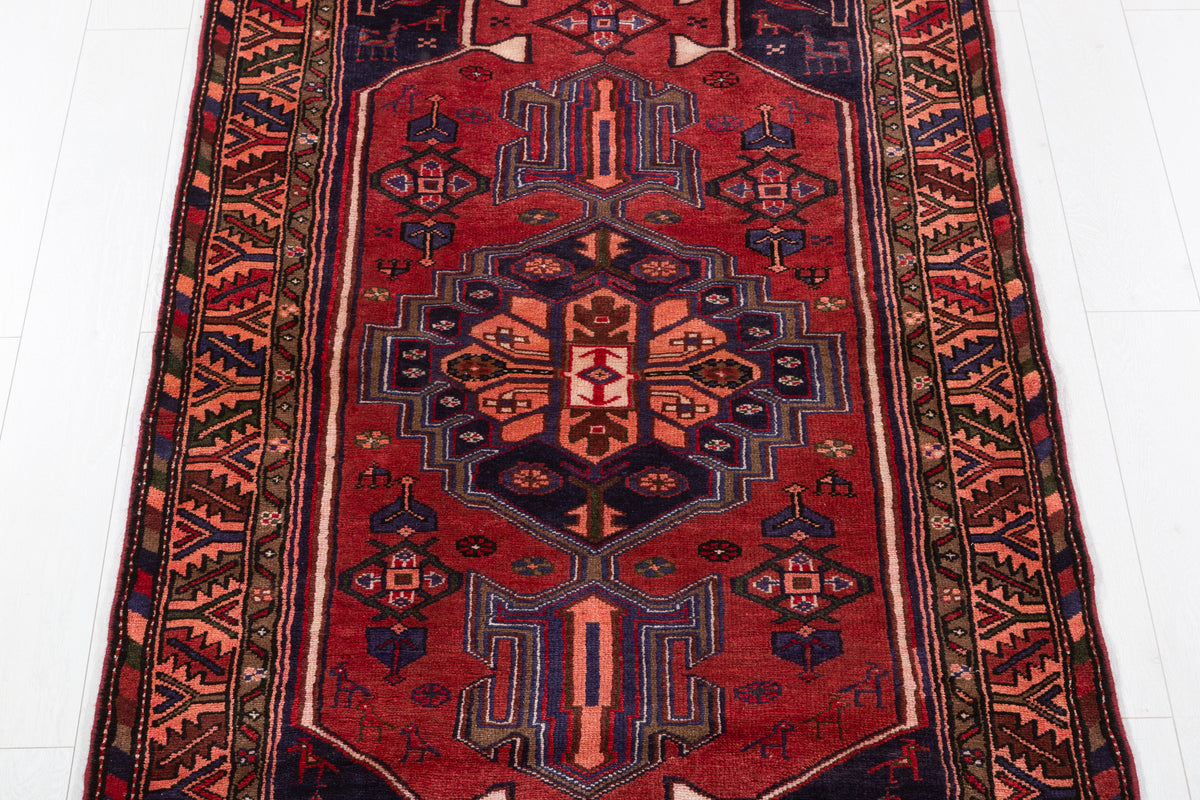 Vintage Rust Red and Navy Blue Bold Geometric Medallion Hand-Knotted Area Rug – 7' 3" x 3' 7" (221 x 109 cm)
