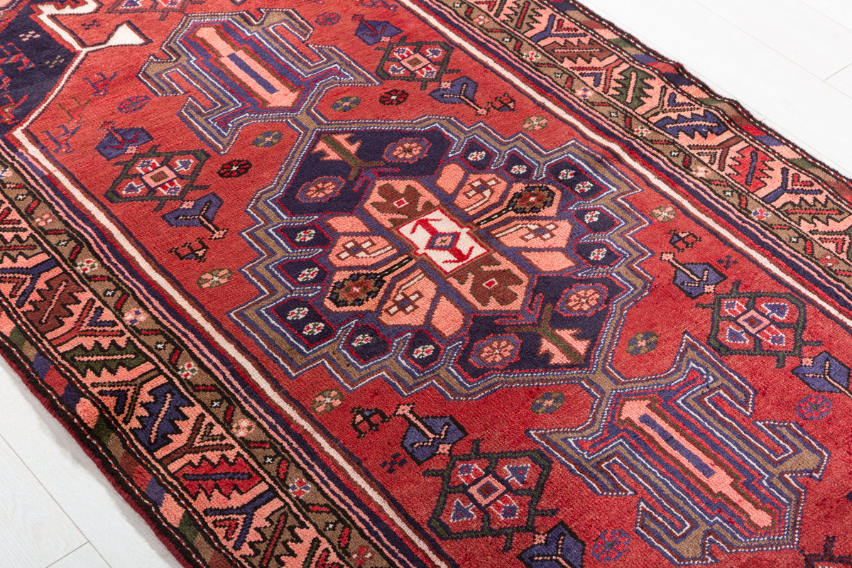 Vintage Rust Red and Navy Blue Bold Geometric Medallion Hand-Knotted Area Rug – 7' 3" x 3' 7" (221 x 109 cm)