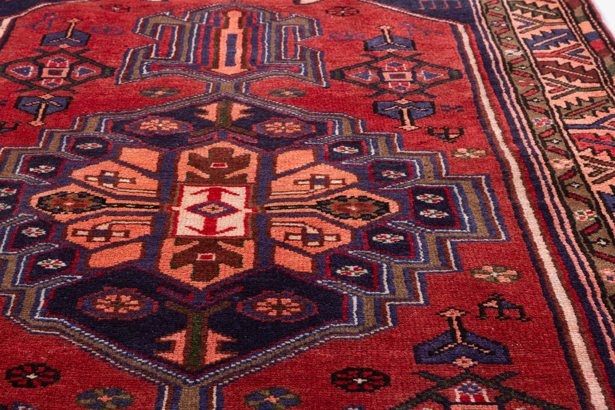 Vintage Rust Red and Navy Blue Bold Geometric Medallion Hand-Knotted Area Rug – 7' 3" x 3' 7" (221 x 109 cm)
