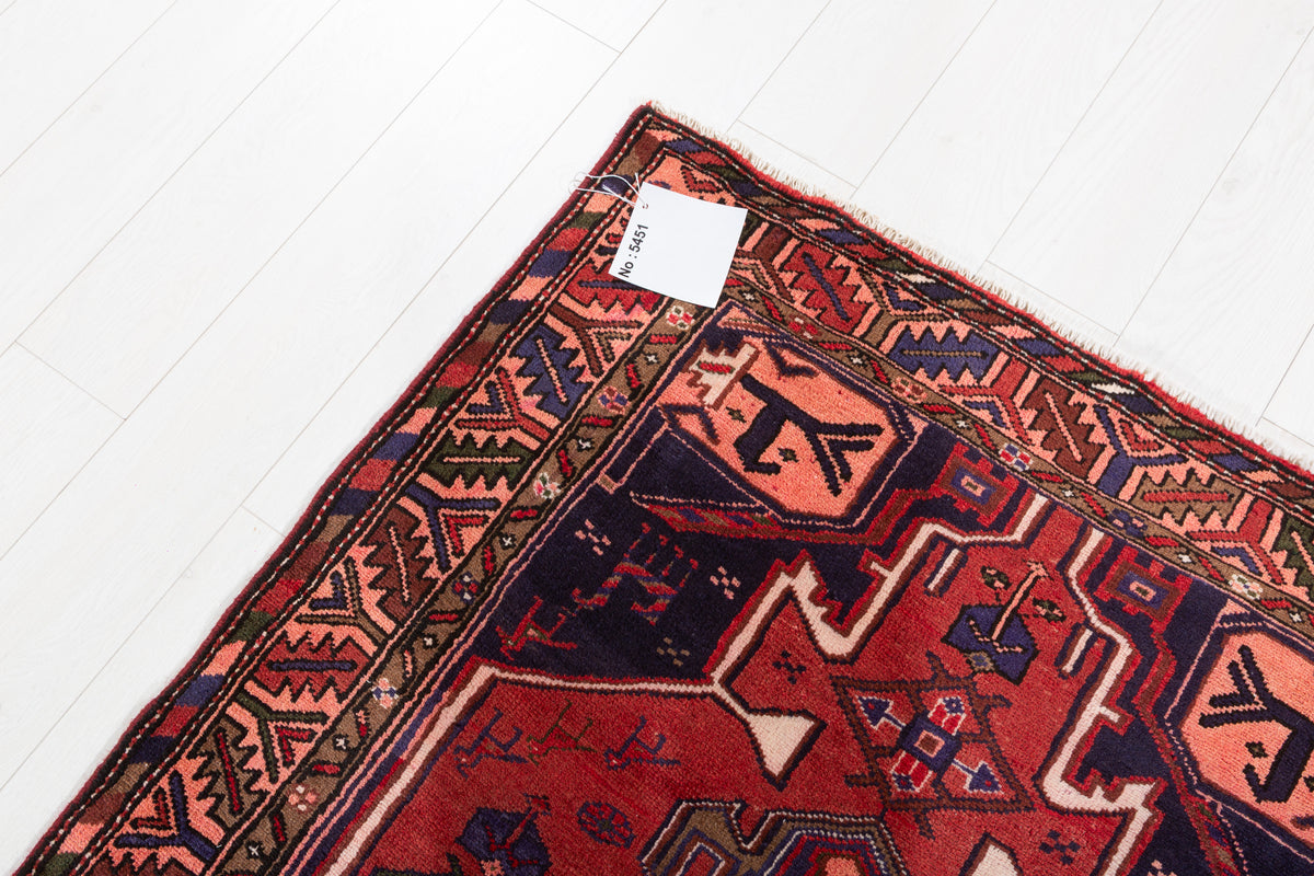 Vintage Rust Red and Navy Blue Bold Geometric Medallion Hand-Knotted Area Rug – 7' 3" x 3' 7" (221 x 109 cm)