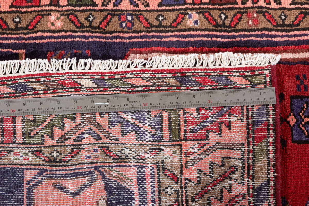 Vintage Rust Red and Navy Blue Bold Geometric Medallion Hand-Knotted Area Rug – 7' 3" x 3' 7" (221 x 109 cm)