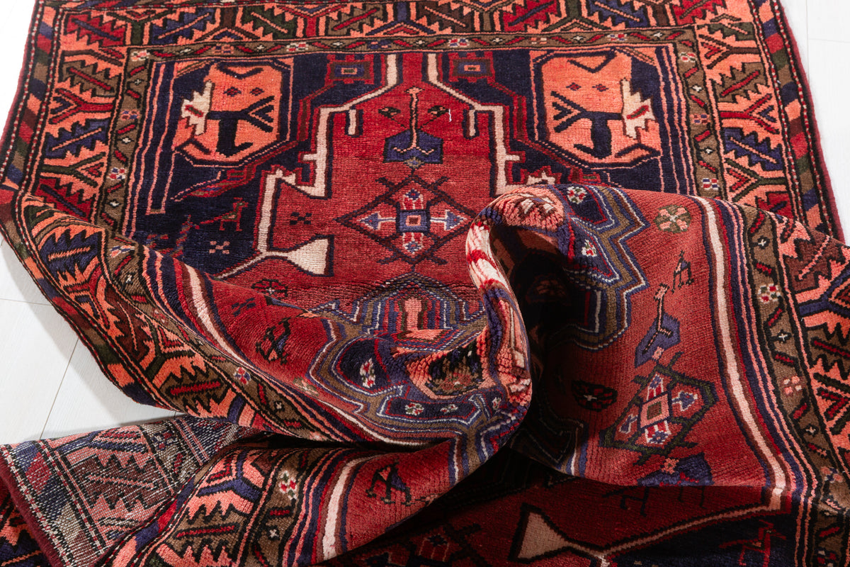 Vintage Rust Red and Navy Blue Bold Geometric Medallion Hand-Knotted Area Rug – 7' 3" x 3' 7" (221 x 109 cm)