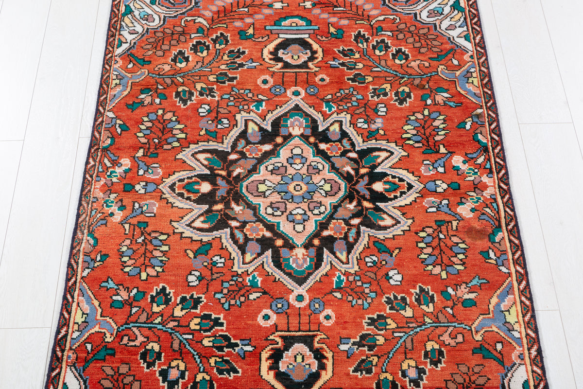 Vintage Orange-Red Floral Central Medallion Area Rug – 6' 2" x 3' 7" (188 x 109 cm)