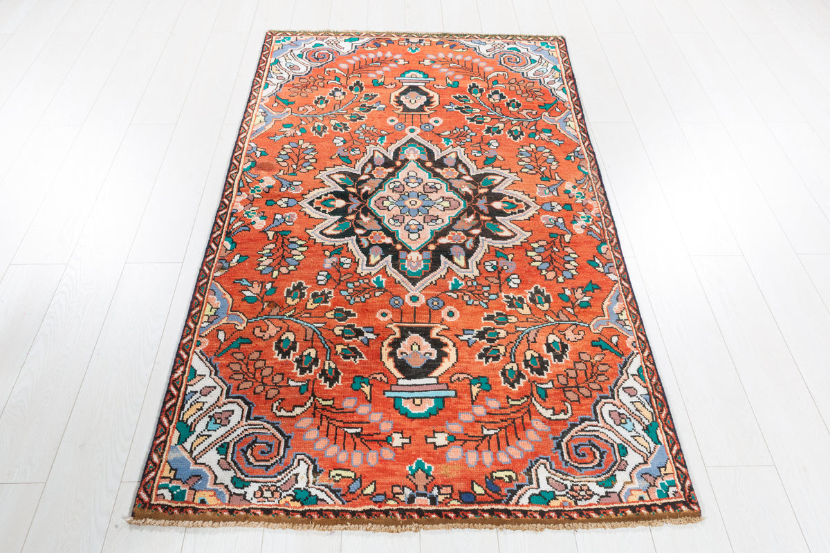 Vintage Orange-Red Floral Central Medallion Area Rug – 6' 2" x 3' 7" (188 x 109 cm)