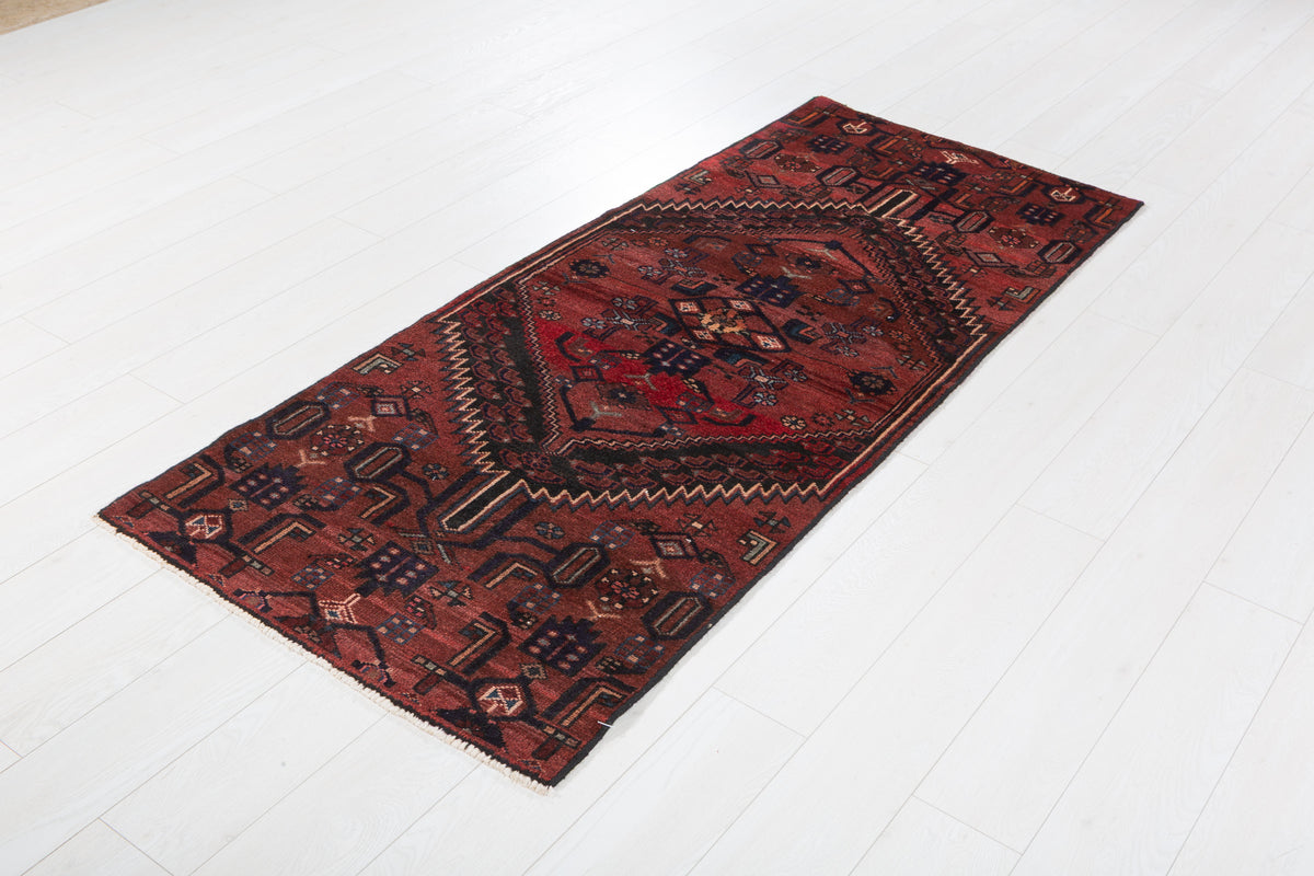 Vintage Rust Red and Black Narrow Geometric Medallion Hand-Knotted Area Rug – 6' 6" x 2' 9" (199 x 84 cm)