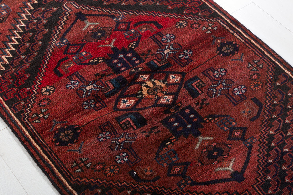 Vintage Rust Red and Black Narrow Geometric Medallion Hand-Knotted Area Rug – 6' 6" x 2' 9" (199 x 84 cm)