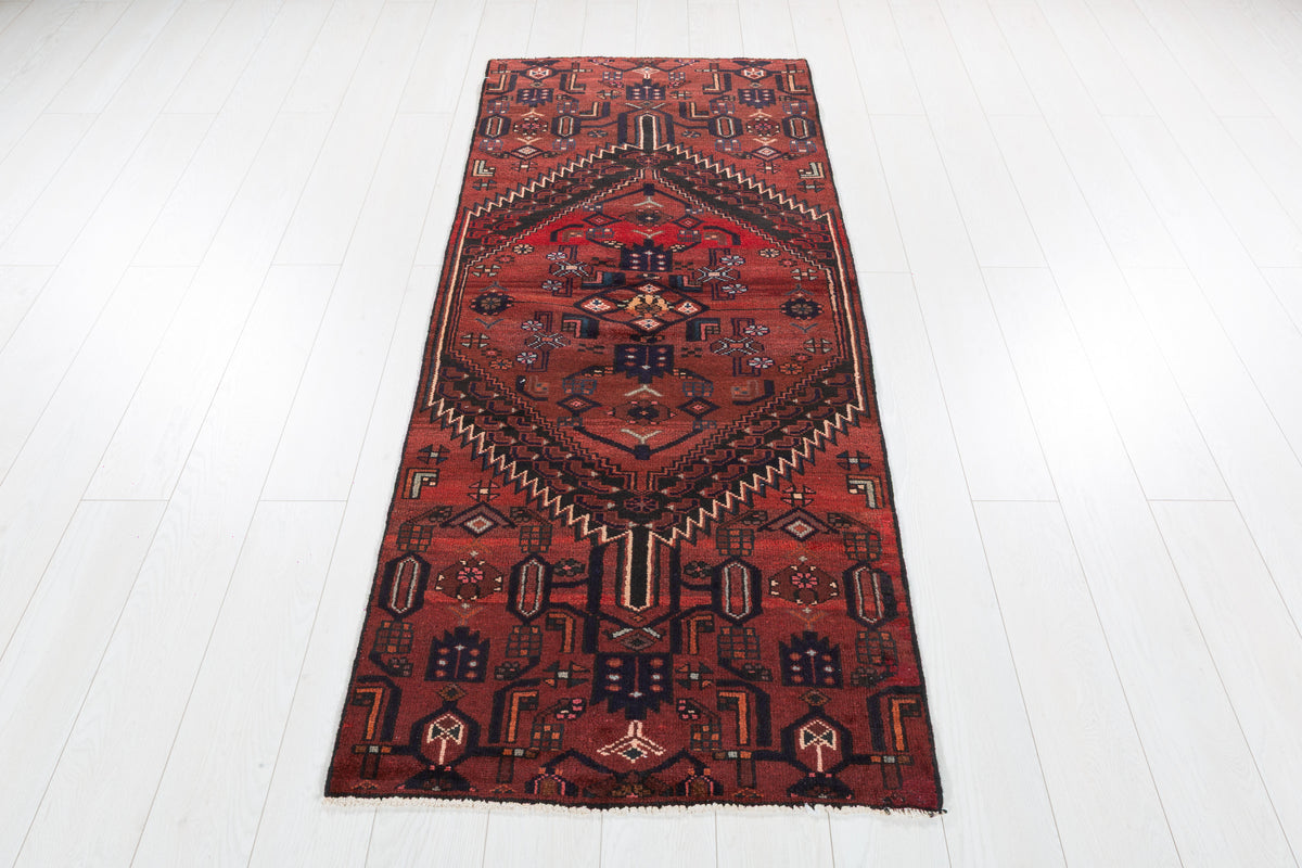 Vintage Rust Red and Black Narrow Geometric Medallion Hand-Knotted Area Rug – 6' 6" x 2' 9" (199 x 84 cm)