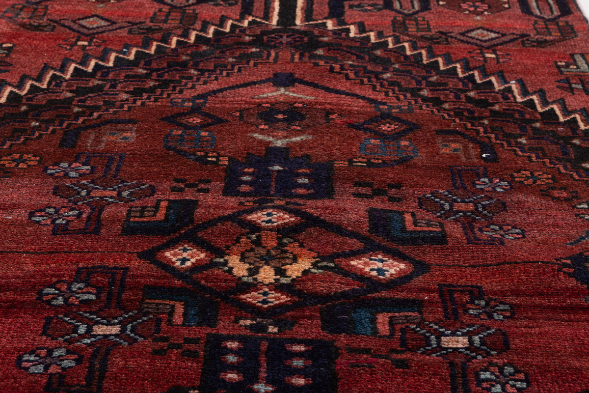Vintage Rust Red and Black Narrow Geometric Medallion Hand-Knotted Area Rug – 6' 6" x 2' 9" (199 x 84 cm)