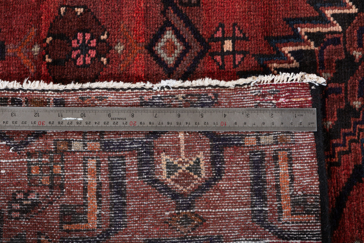 Vintage Rust Red and Black Narrow Geometric Medallion Hand-Knotted Area Rug – 6' 6" x 2' 9" (199 x 84 cm)