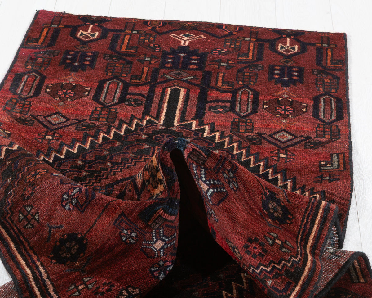 Vintage Rust Red and Black Narrow Geometric Medallion Hand-Knotted Area Rug – 6' 6" x 2' 9" (199 x 84 cm)