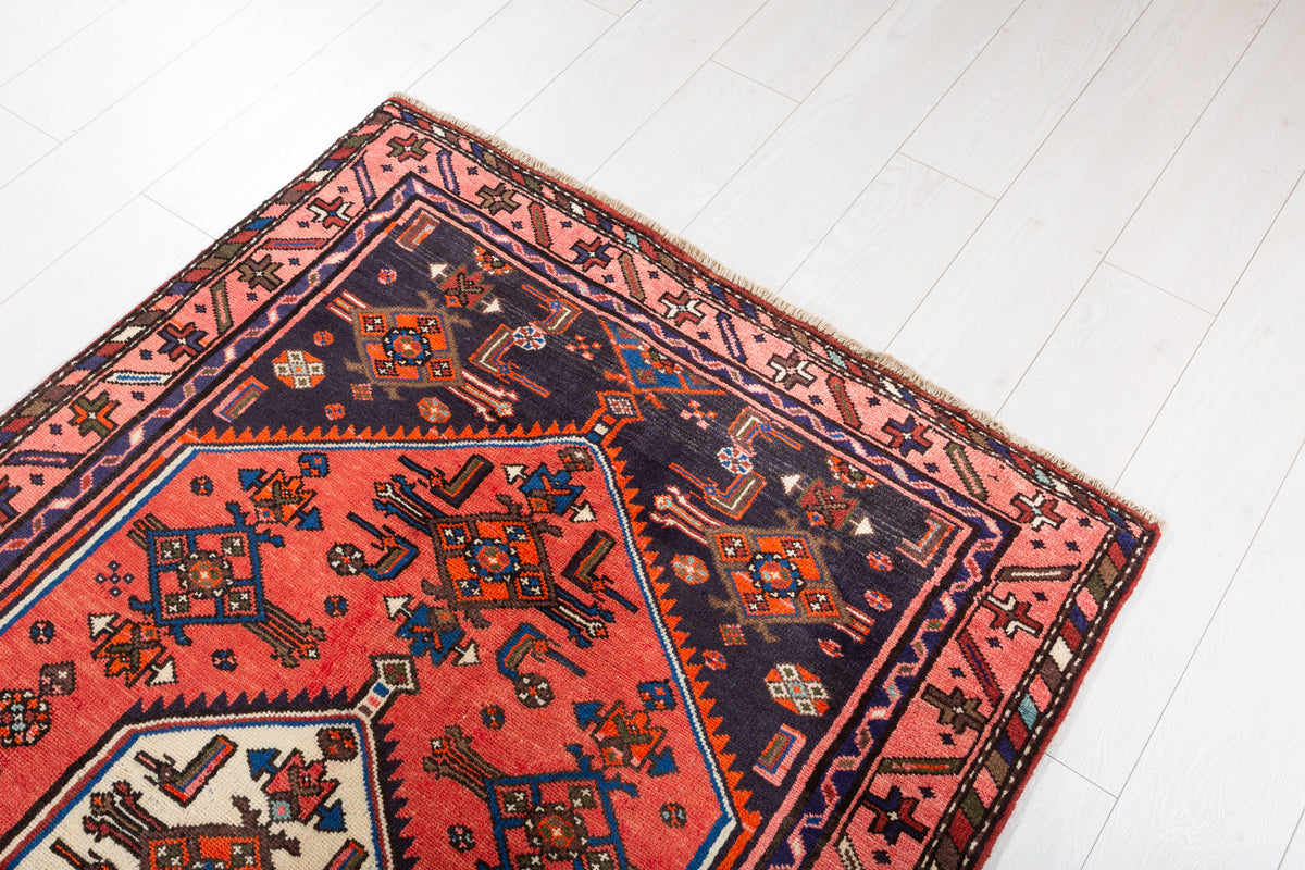 Vintage Red and Navy Blue Central Hexagonal Medallion Hand-Knotted Area Rug – 6' 5" x 3' 8" (196 x 111 cm)
