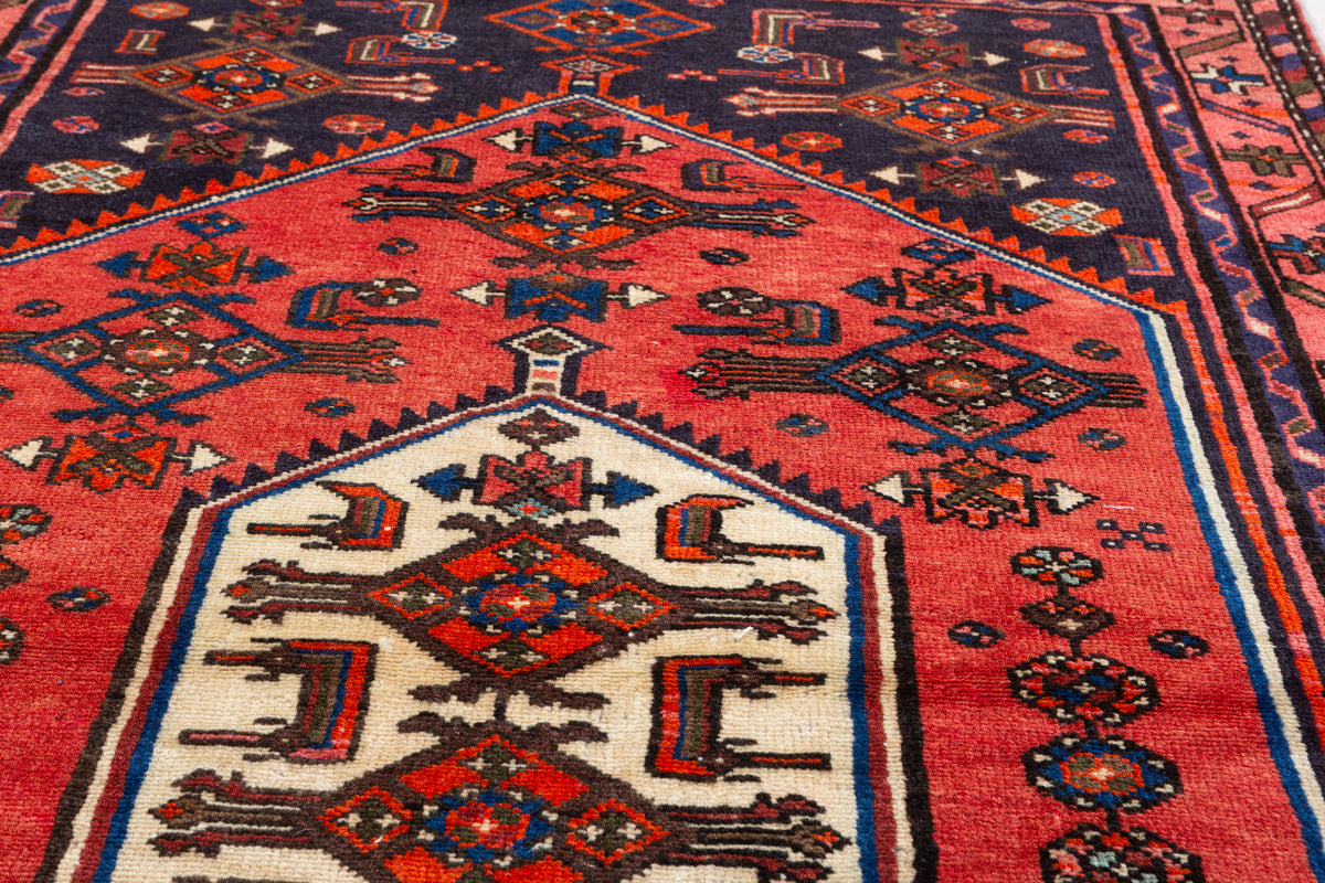 Vintage Red and Navy Blue Central Hexagonal Medallion Hand-Knotted Area Rug – 6' 5" x 3' 8" (196 x 111 cm)