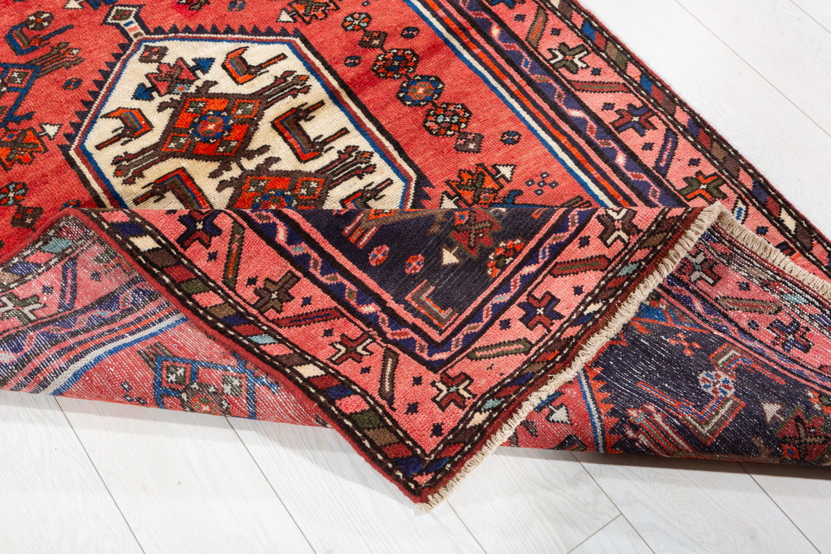 Vintage Red and Navy Blue Central Hexagonal Medallion Hand-Knotted Area Rug – 6' 5" x 3' 8" (196 x 111 cm)