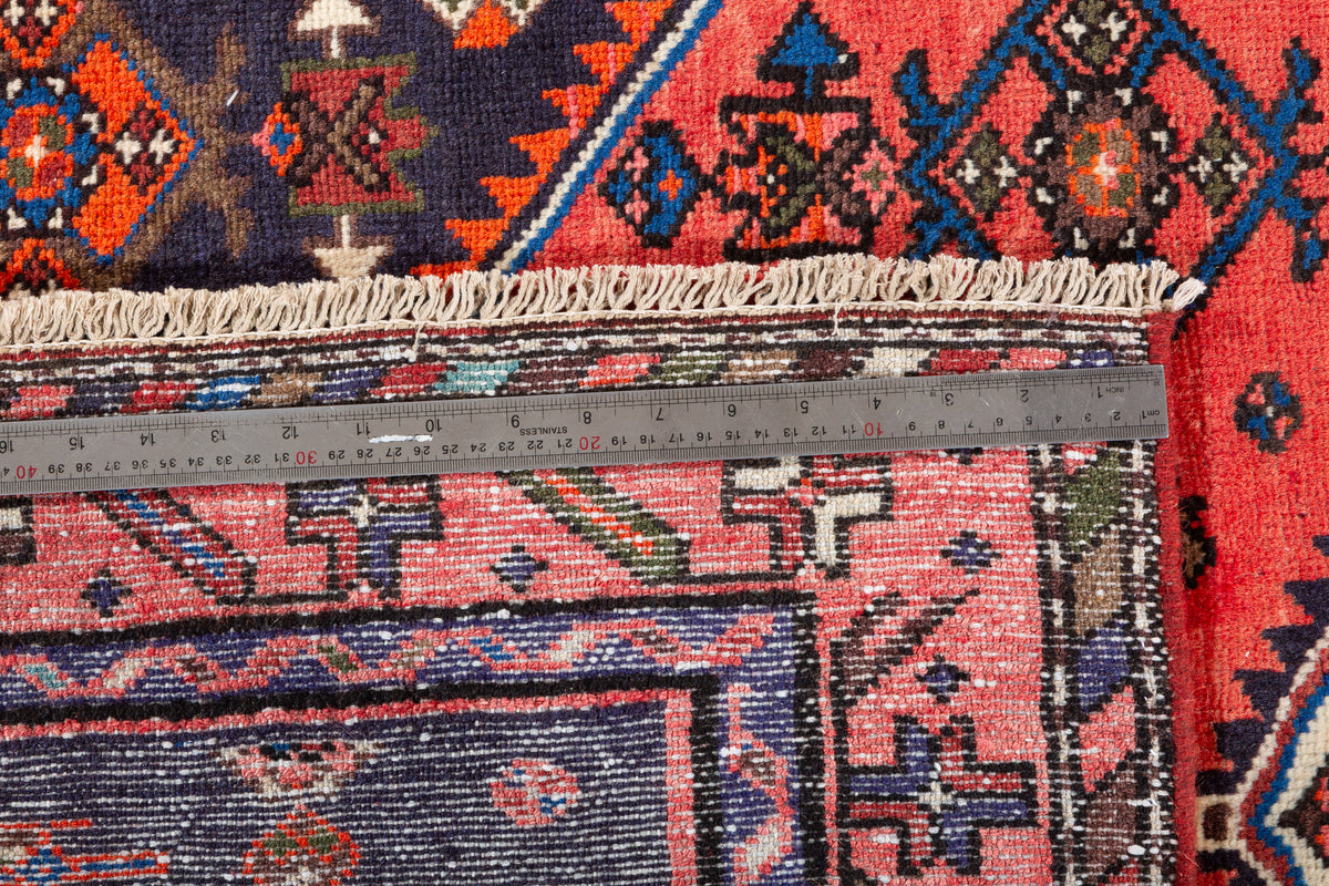 Vintage Red and Navy Blue Central Hexagonal Medallion Hand-Knotted Area Rug – 6' 5" x 3' 8" (196 x 111 cm)