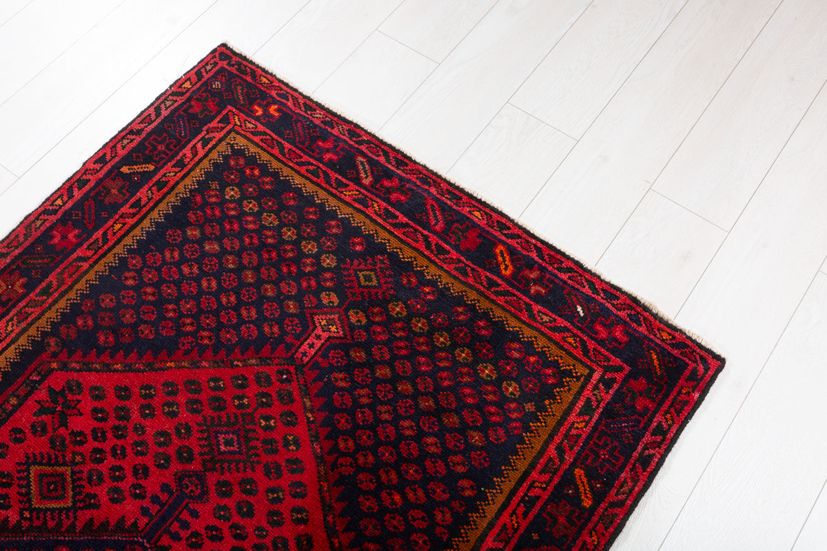 Vintage Red and Navy Blue Diamond Medallion Hand-Knotted Area Rug – 6' 4" x 3' 4" (194 x 102 cm)