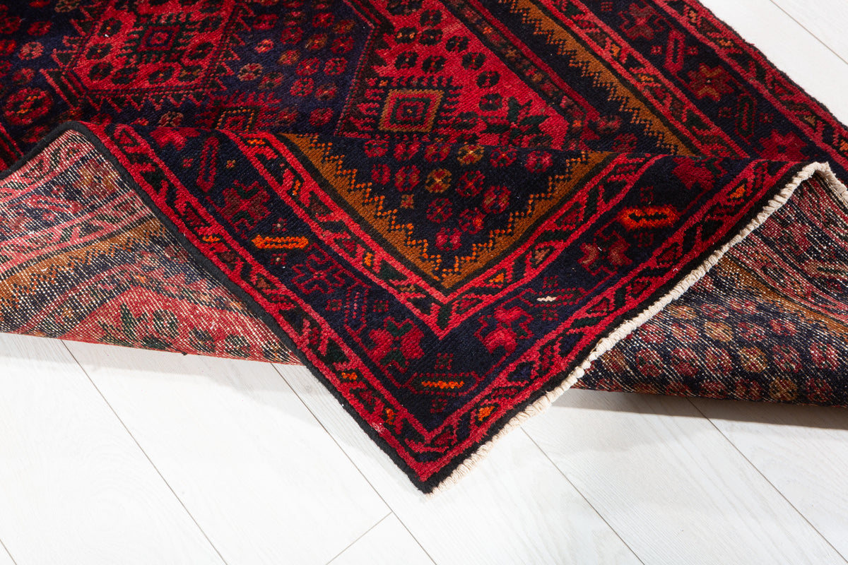 Vintage Red and Navy Blue Diamond Medallion Hand-Knotted Area Rug – 6' 4" x 3' 4" (194 x 102 cm)
