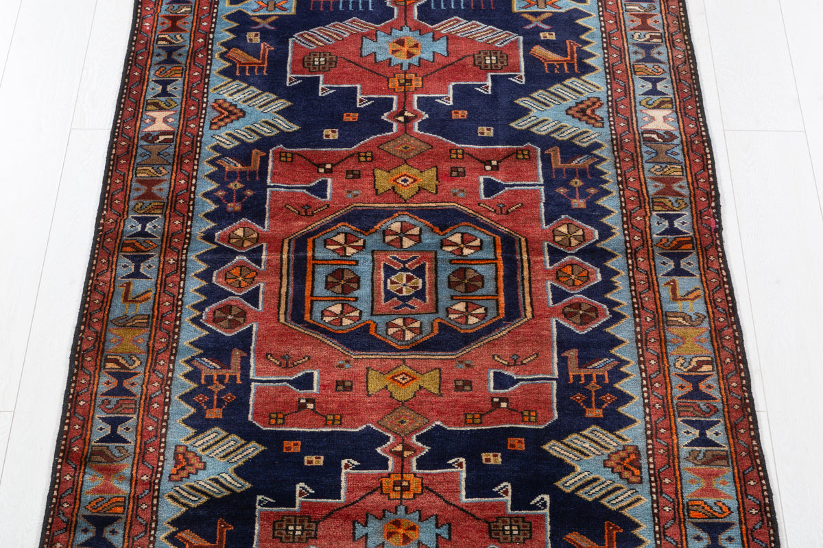 Vintage Navy Blue and Light Blue Bold Geometric Medallion Hand-Knotted Area Rug – 6' 4" x 3' 6" (194 x 107 cm)