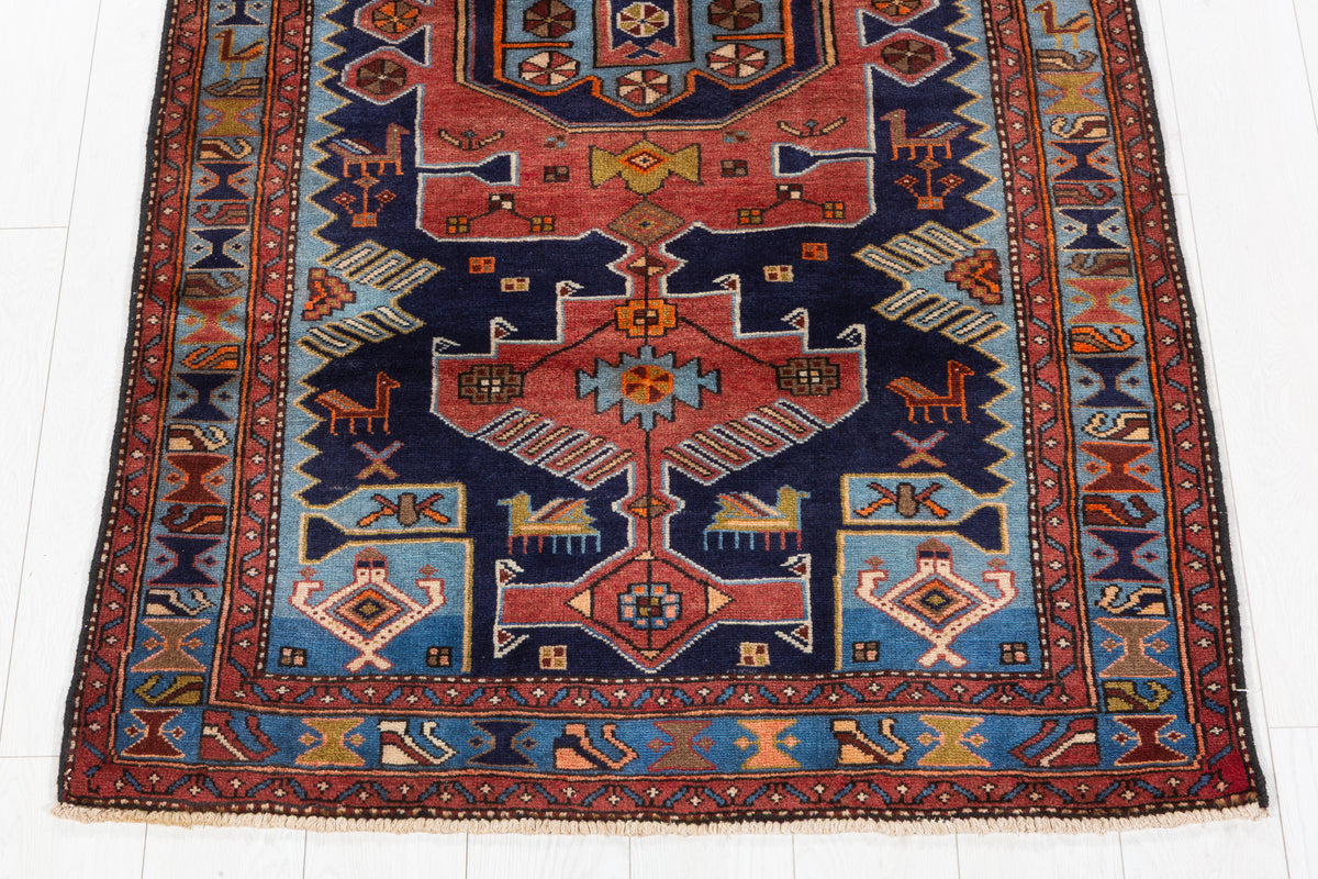 Vintage Navy Blue and Light Blue Bold Geometric Medallion Hand-Knotted Area Rug – 6' 4" x 3' 6" (194 x 107 cm)