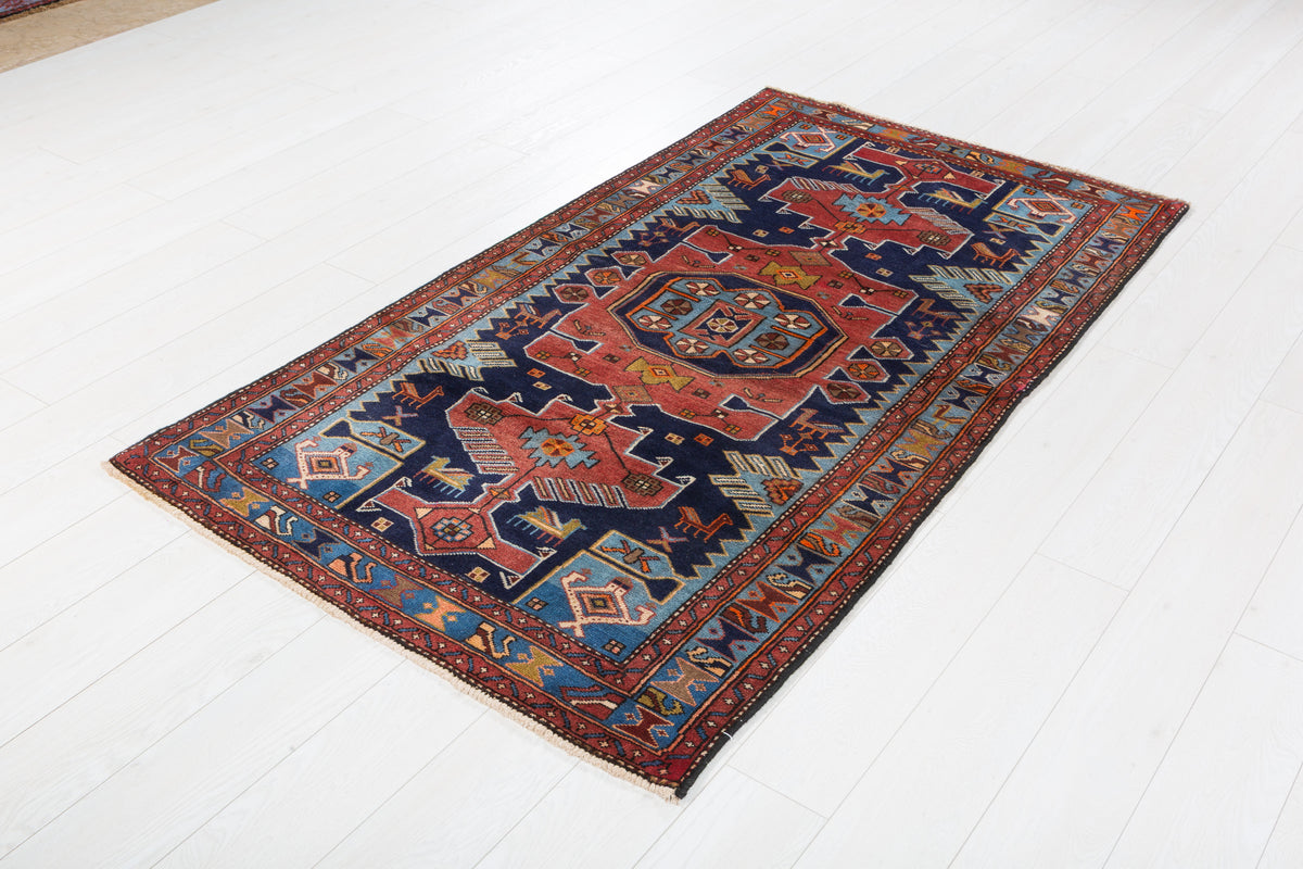Vintage Navy Blue and Light Blue Bold Geometric Medallion Hand-Knotted Area Rug – 6' 4" x 3' 6" (194 x 107 cm)