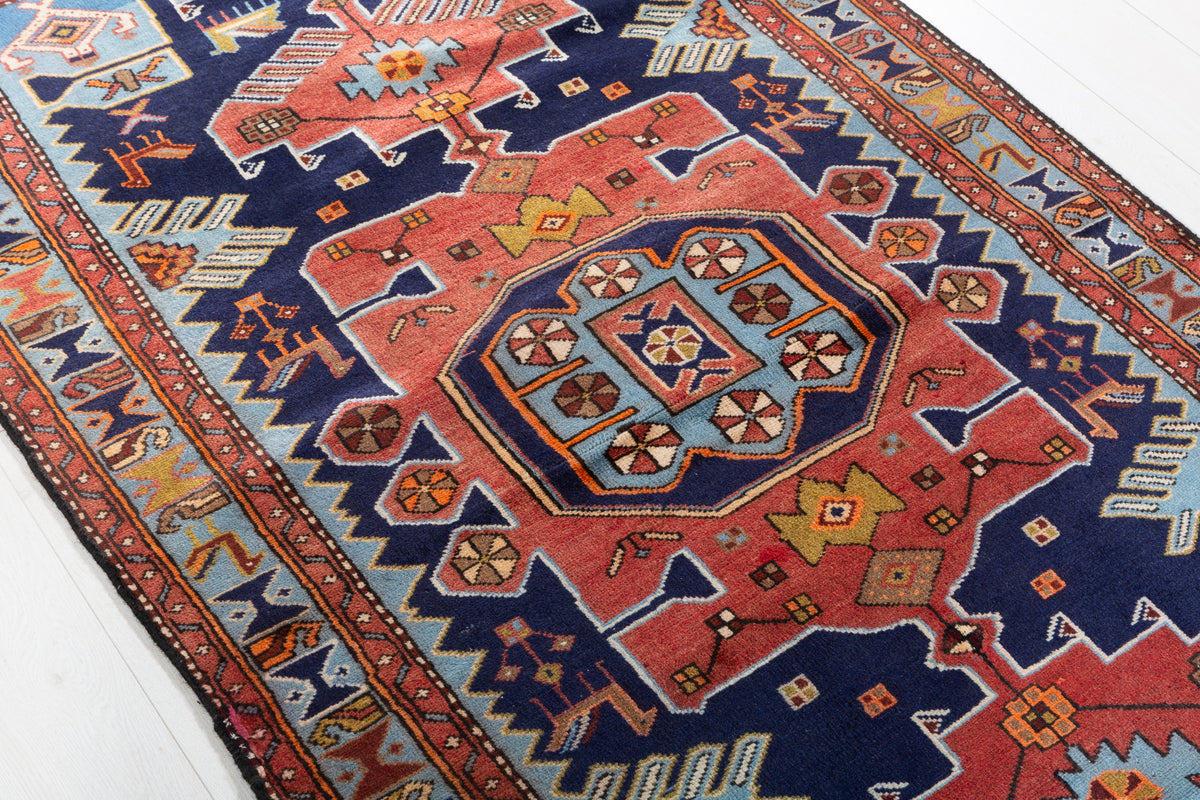 Vintage Navy Blue and Light Blue Bold Geometric Medallion Hand-Knotted Area Rug – 6' 4" x 3' 6" (194 x 107 cm)