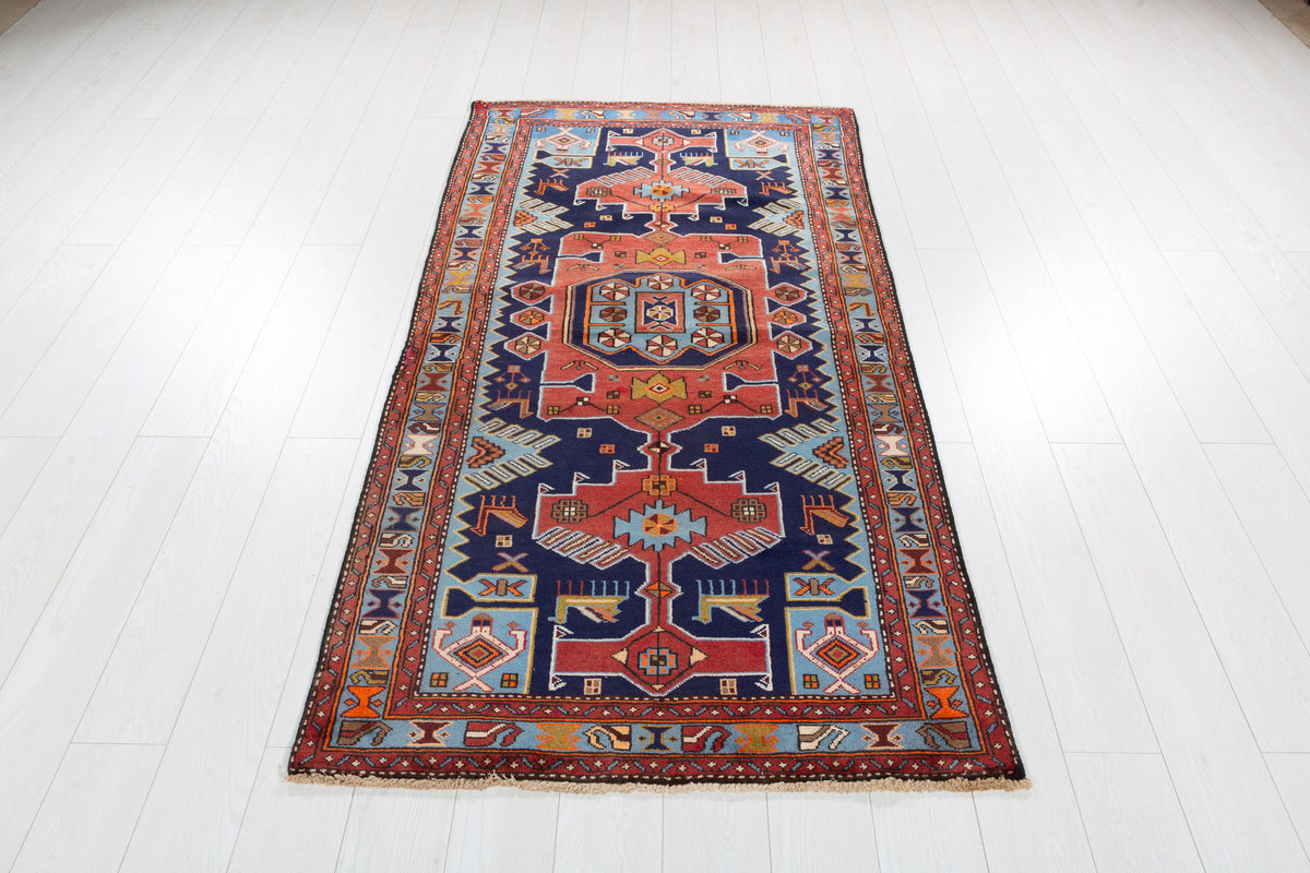 Vintage Navy Blue and Light Blue Bold Geometric Medallion Hand-Knotted Area Rug – 6' 4" x 3' 6" (194 x 107 cm)