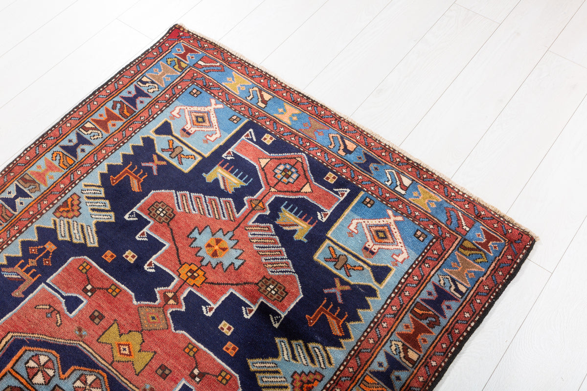 Vintage Navy Blue and Light Blue Bold Geometric Medallion Hand-Knotted Area Rug – 6' 4" x 3' 6" (194 x 107 cm)