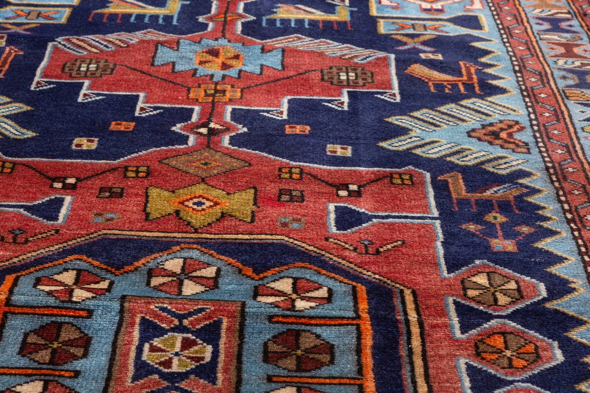 Vintage Navy Blue and Light Blue Bold Geometric Medallion Hand-Knotted Area Rug – 6' 4" x 3' 6" (194 x 107 cm)