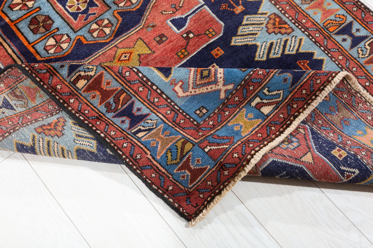 Vintage Navy Blue and Light Blue Bold Geometric Medallion Hand-Knotted Area Rug – 6' 4" x 3' 6" (194 x 107 cm)