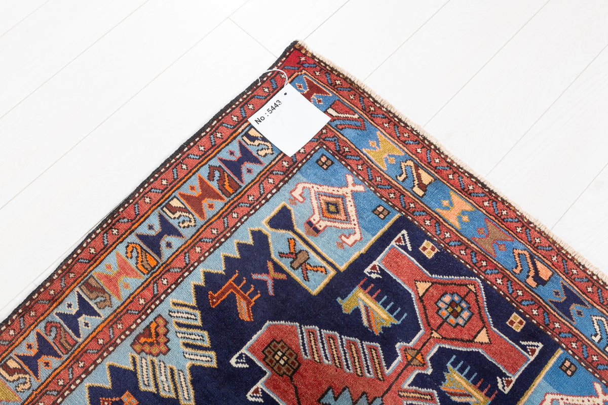 Vintage Navy Blue and Light Blue Bold Geometric Medallion Hand-Knotted Area Rug – 6' 4" x 3' 6" (194 x 107 cm)