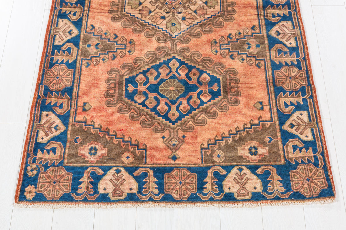Collectible Vintage Faded Peach and Blue Triple Diamond Medallion Hand-Knotted Area Rug – 6' 6" x 3' 7" (199 x 108 cm)