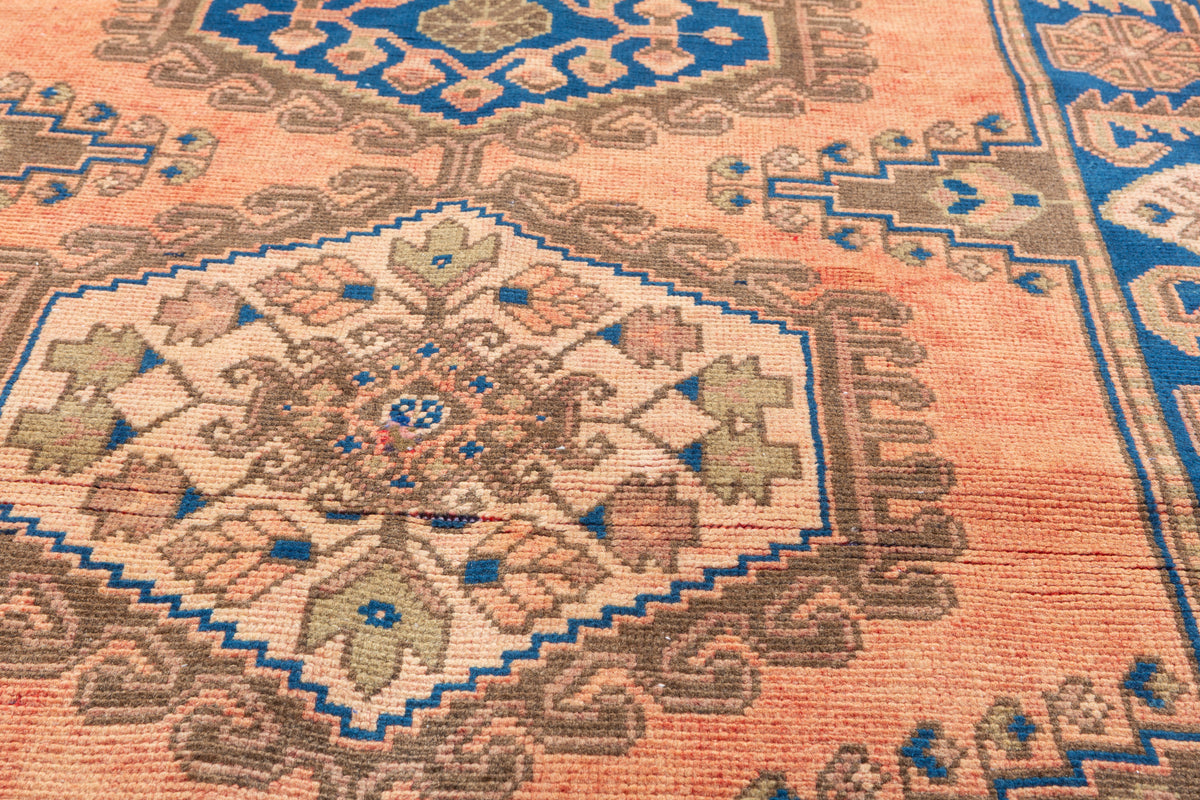 Collectible Vintage Faded Peach and Blue Triple Diamond Medallion Hand-Knotted Area Rug – 6' 6" x 3' 7" (199 x 108 cm)